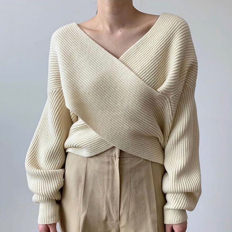 “Clara™ | Elegant Cross-Front Knit Sweater”